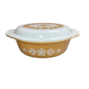 VTG 70s Pyrex Butterfly Gold 1.5 quart Oval Casserole Baking Dish with Lid